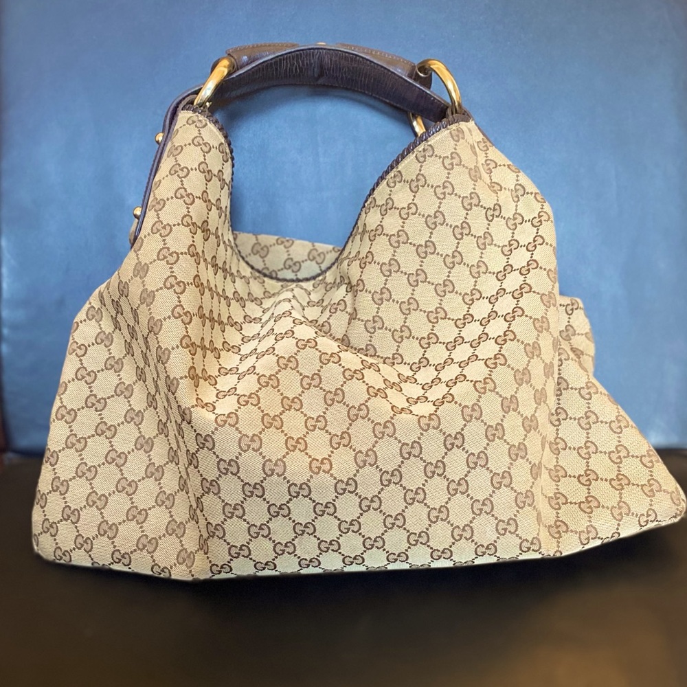 Authentic Gucci Horsebit Large Canvas Hobo